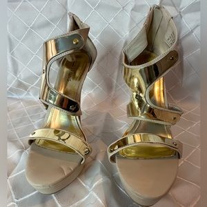 Aldo Beige Strappy Heels with Brass Accents, size 9